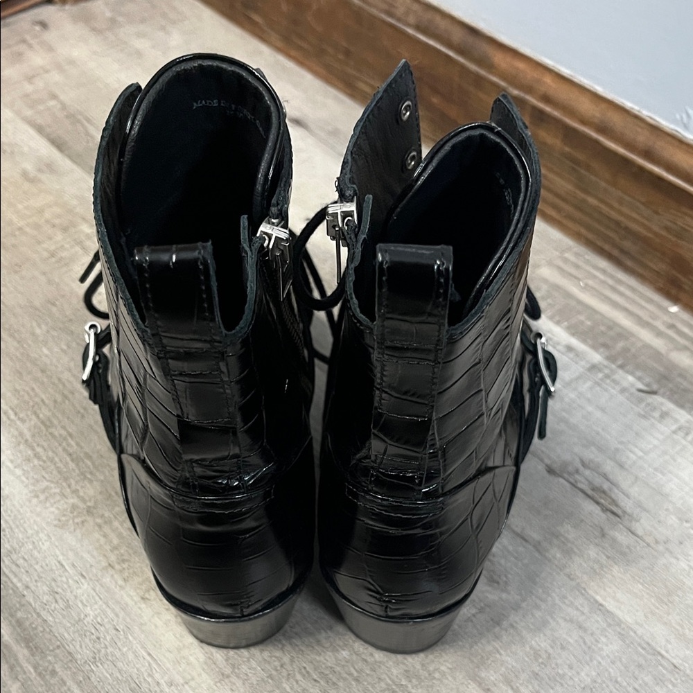 All Saints Black Croc-Embossed Patent Leather Lace-Up Ankle Boots - Picture 6 of 8